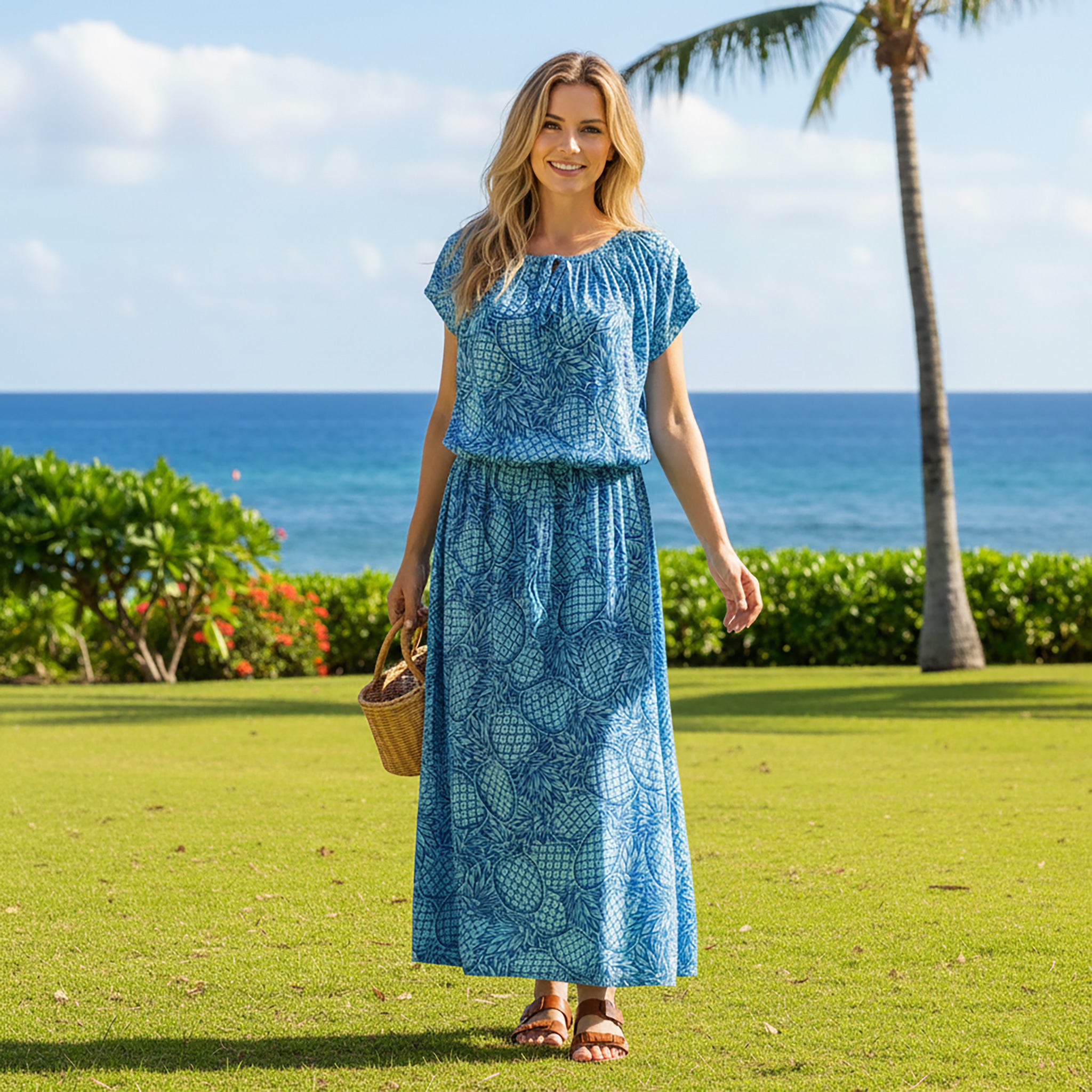 ブラウジングロングワンピース 丸襟リボン パイナップル [OP-1010]