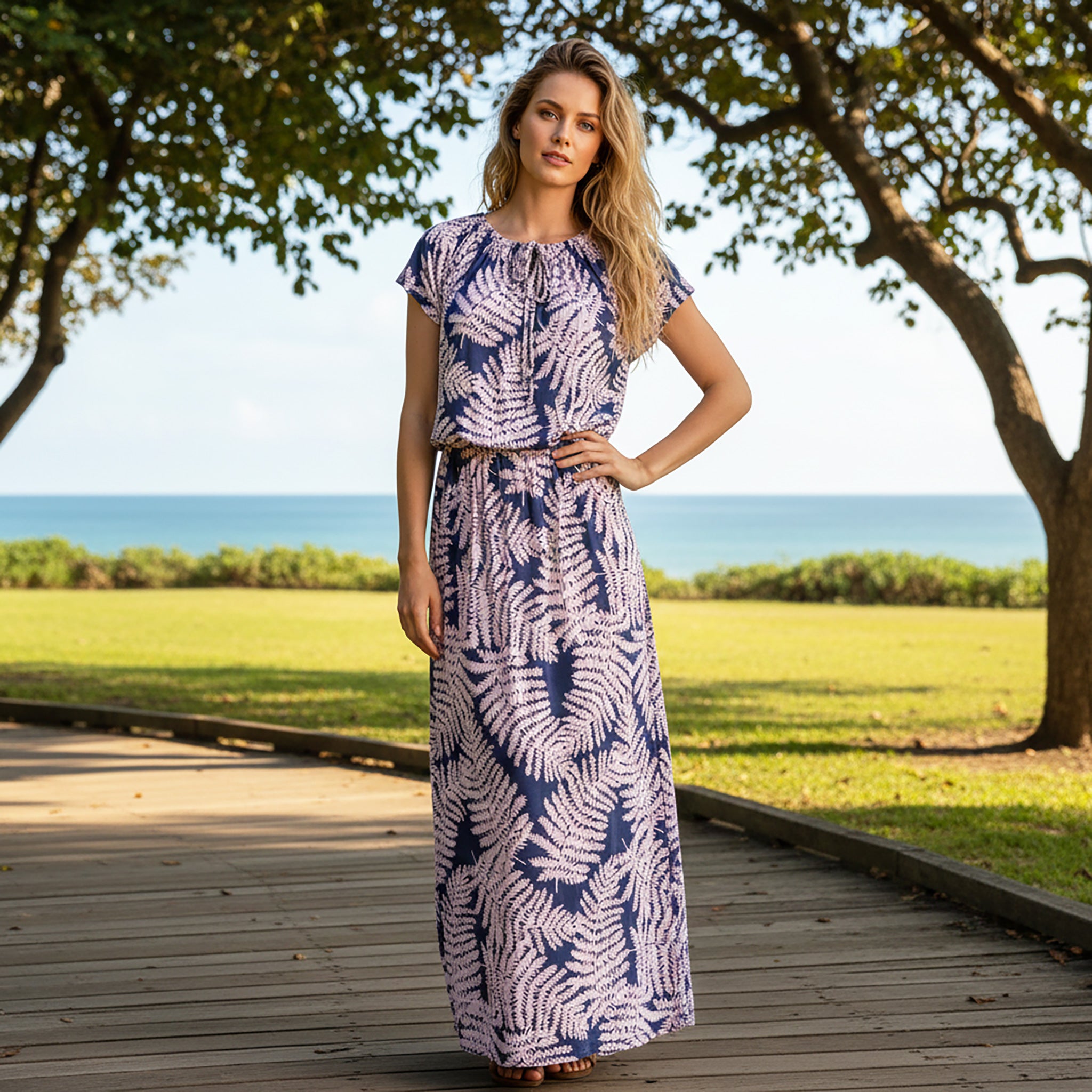 ブラウジングロングワンピース 丸襟リボン パラパライ [OP-1030]