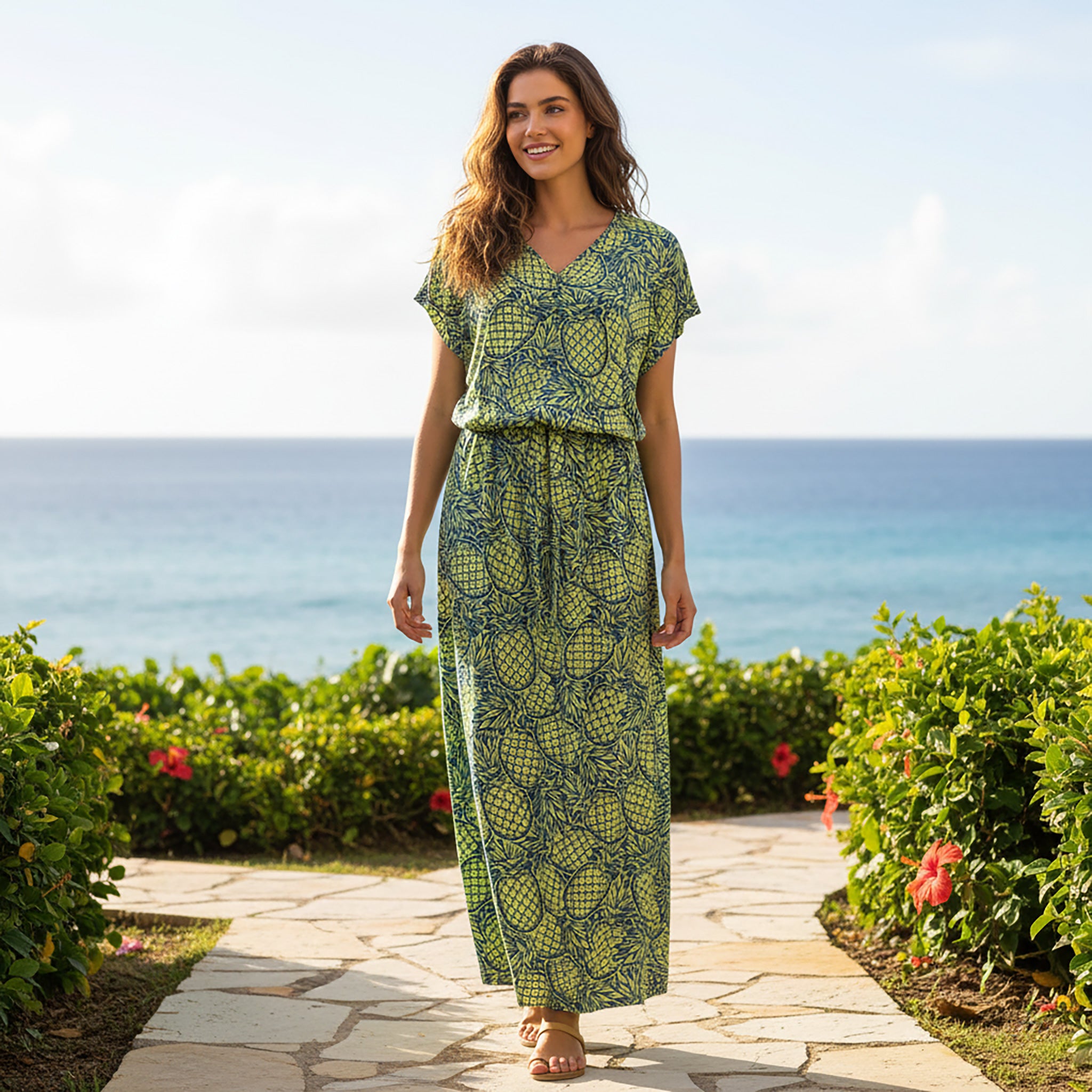 ブラウジングロングワンピース V襟 パイナップル [OP-1110]