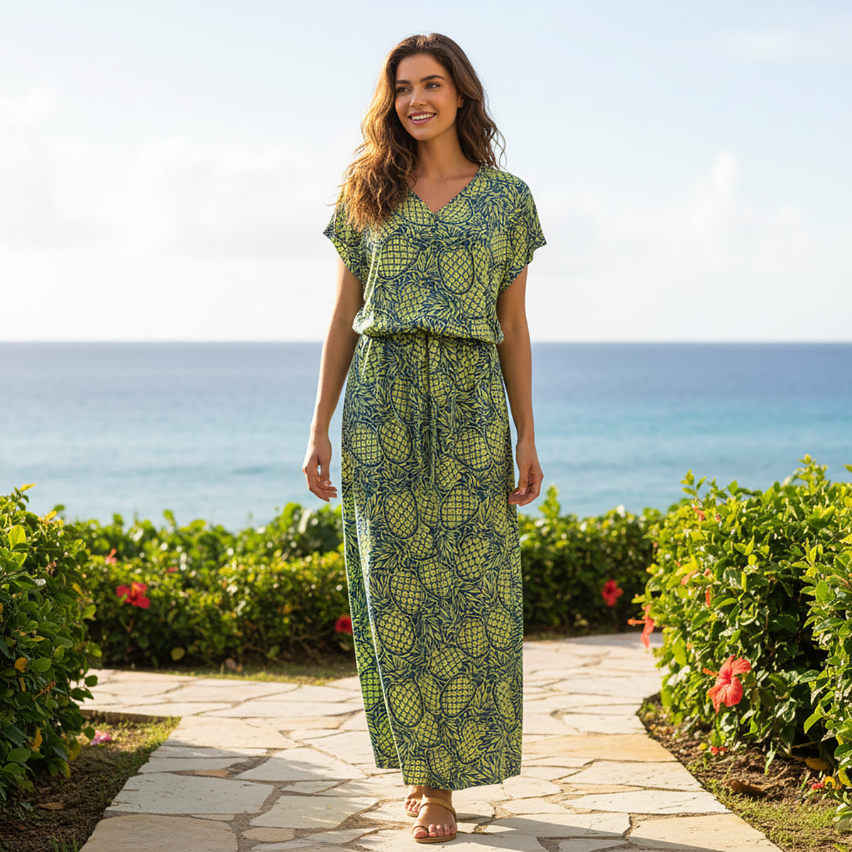 ナニプア ブラウジングロングワンピース V襟 パイナップル